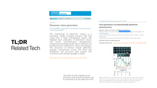 TL;DR
RelatedTech
The engineering of plasmonic colours is a
promising, rapidly emerging research field that
could have a large technological impact. We
highlight basic properties of plasmonic colours
and recent nanofabrication developments,
comparing technology-performance indicators for
traditional and nanophotonic colour technologies.
The structures of interest include diffraction
gratings, nanoaperture arrays, thin films, and
multilayers and structures that support Mie
resonances and whispering-gallery modes.
http://doi.org/10.1038/natrevmats.2016.88
“the pixels of color imaging can be
extremely small and the resolution can
be improved up to the diffraction limit”
https://doi.org/10.1039/C5NR00578G
 