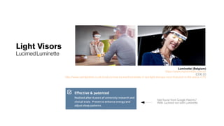 Light Visors
Lucimed Luminette
Luminette (Belgium)
https://www.myluminette.com/en
£200.10
http://www.sad-lighthire.co.uk/product/new-lucimed-luminette-2-sad-light-therapy-visor-featured-in-the-press-/176
Not found from Google Patents?
With Lucimed nor with Luminette
 