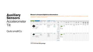 Auxiliary
Sensors
Accelerometer
Tilt
QuitesmallICs
Mouser’scheapestdigital accelerometers:
https://www.mouser.co.uk/Semiconductors/Sensor-ICs/Accelerometers/_/N-6gixz?P=1z0yqi5Z1yvy06n&Keyword=acceler
ometer&FS=True&Ns=Pricing%7C0
Kionix KX122-1037
2 x 2 x 0.9 mm LGA package
 