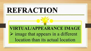 VIRTUAL/APPEARANCE IMAGE
 image that appears in a different
location than its actual location
REFRACTION
 