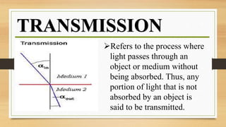TRANSMISSION
Refers to the process where
light passes through an
object or medium without
being absorbed. Thus, any
portion of light that is not
absorbed by an object is
said to be transmitted.
 