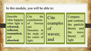 In this module, you will be able to:
Describe
what happens
when light is
refracted,
reflected,
transmitted,
and
absorbed;
Cite the
contributions
of Newton
and
Descartes in
the study of
the colors of
light;
Compare
and contrast
the particle
theory and
the wave
theory of
light
Cite
examples
of
waves;
and
 