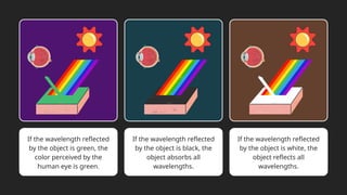 If the wavelength reflected
by the object is green, the
color perceived by the
human eye is green.
If the wavelength reflected
by the object is black, the
object absorbs all
wavelengths.
If the wavelength reflected
by the object is white, the
object reflects all
wavelengths.
 