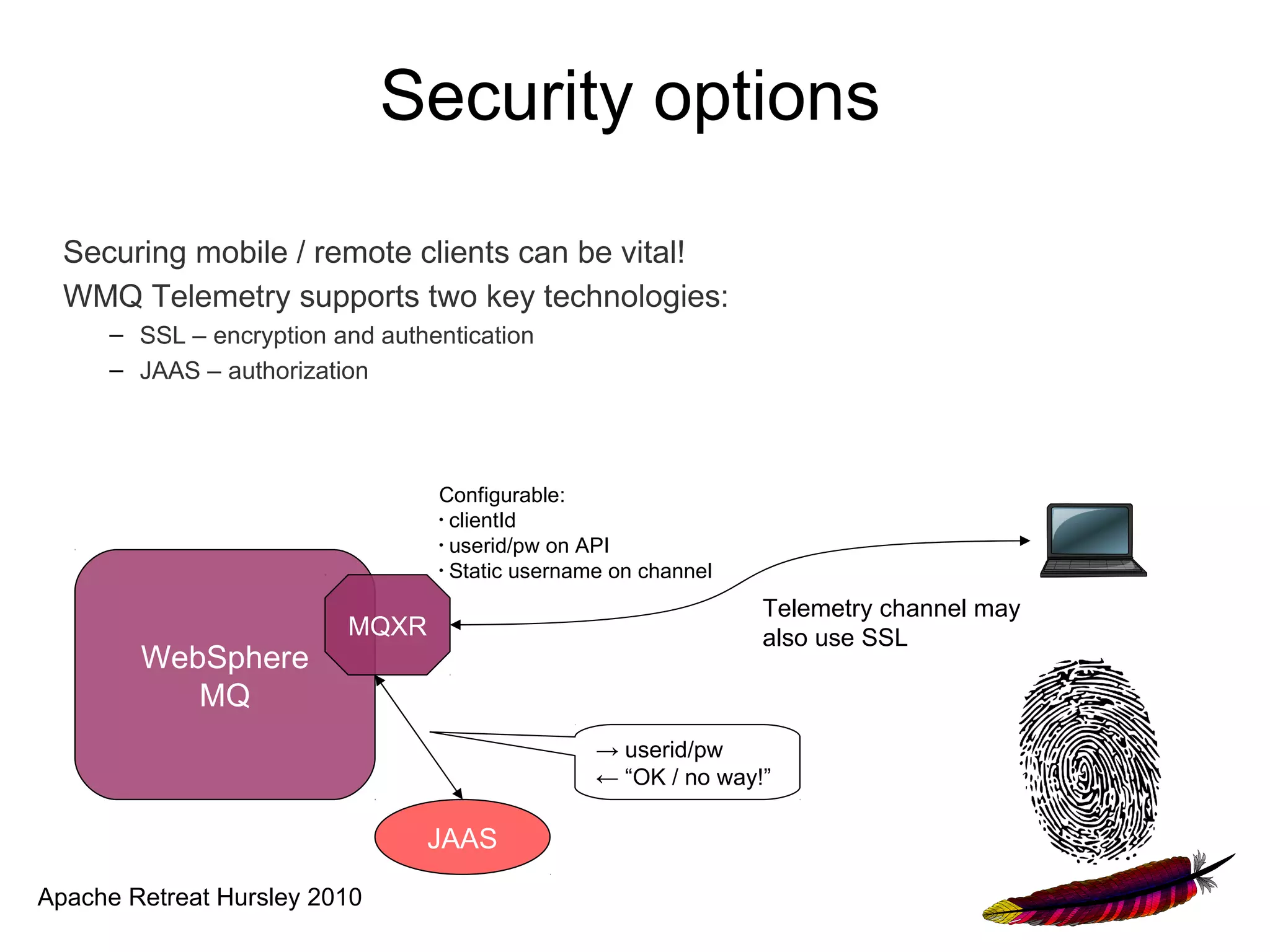 Security options

  Securing mobile / remote clients can be vital!
  WMQ Telemetry supports two key technologies:
     – SSL – encryption and authentication
     – JAAS – authorization




                                 Configurable:
                                 •
                                   clientId
                                 •
                                   userid/pw on API
                                 •
                                   Static username on channel
                                                                Telemetry channel may
                         MQXR                                   also use SSL
        WebSphere
           MQ
                                                 → userid/pw
                                                 ← “OK / no way!”

                                JAAS

Apache Retreat Hursley 2010
 