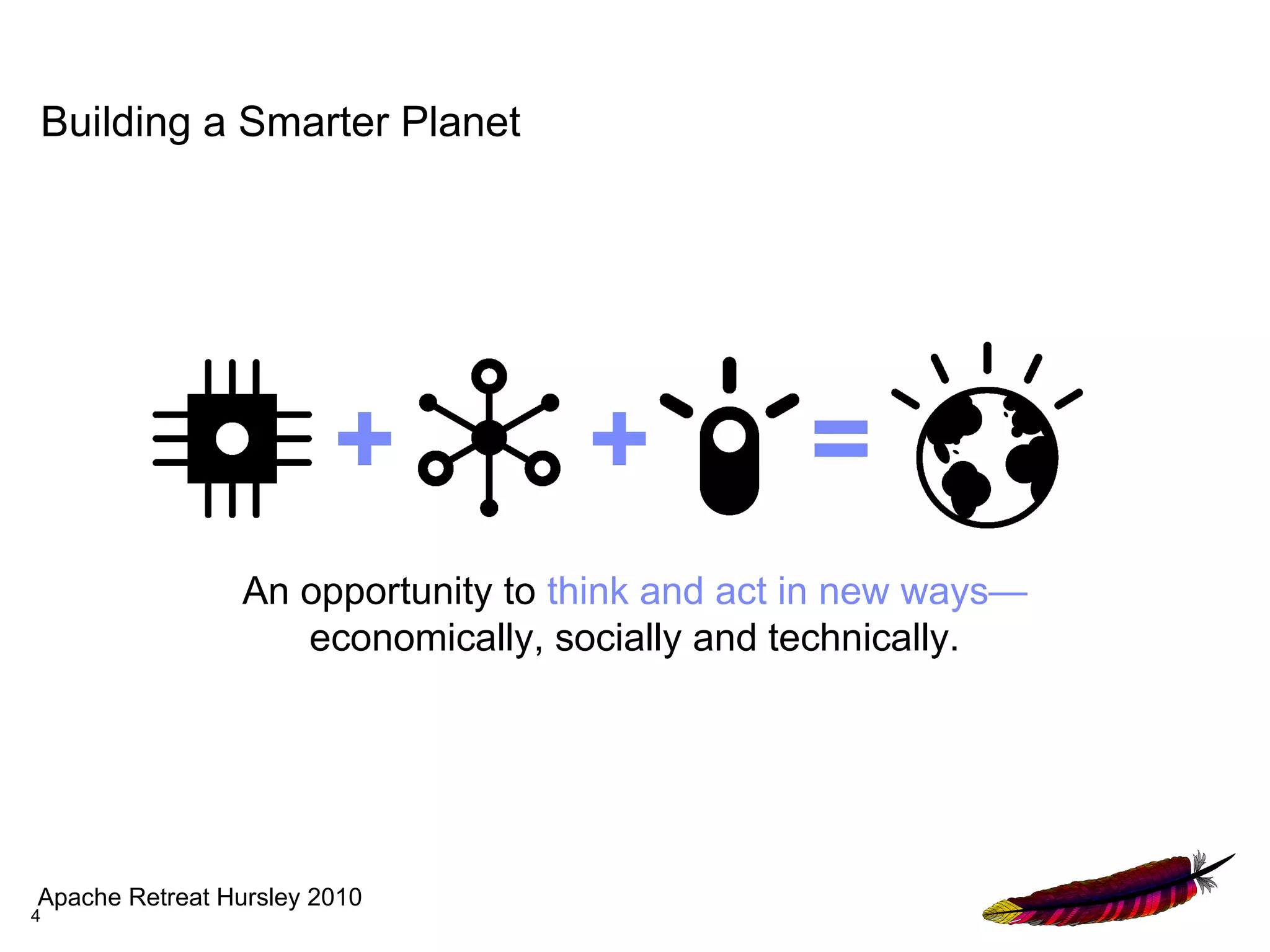 Building a Smarter Planet




                        +           +           =
                 An opportunity to think and act in new ways—
                    economically, socially and technically.




Apache Retreat Hursley 2010
4
 