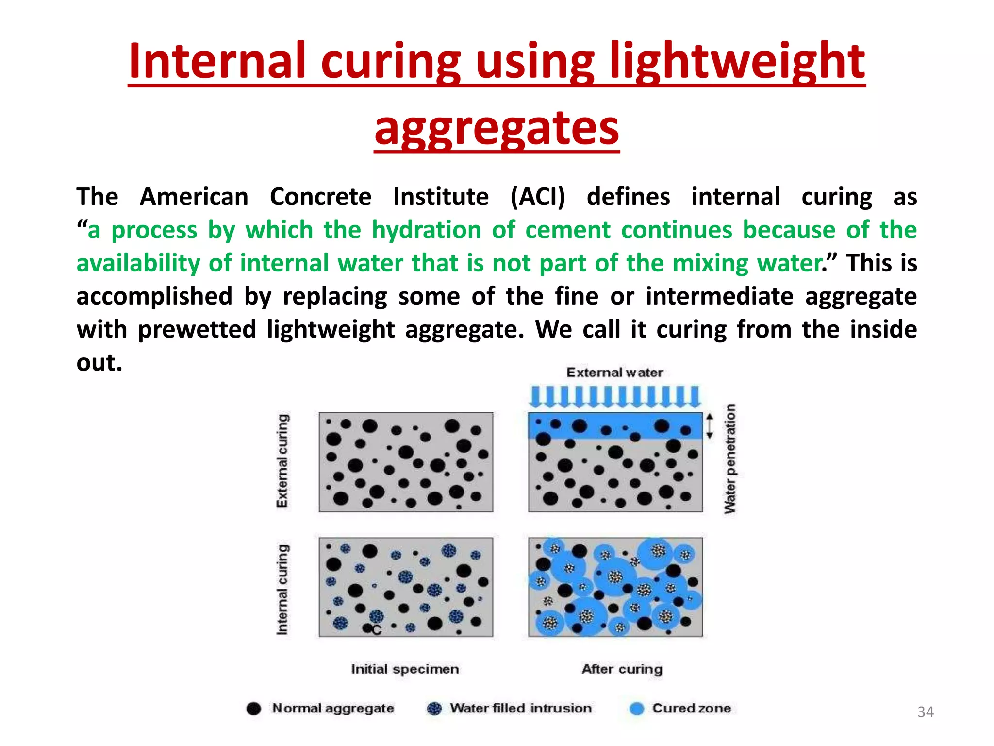 Internal curing using lightweight
aggregates
The American Concrete Institute (ACI) defines internal curing as
“a process by which the hydration of cement continues because of the
availability of internal water that is not part of the mixing water.” This is
accomplished by replacing some of the fine or intermediate aggregate
with prewetted lightweight aggregate. We call it curing from the inside
out.
34
 