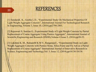 [1] SundaraK. K., Geetha L D., “Experimental Study On Mechanical Properties Of
Light Weight Aggregate Concrete”, International Journal For Technological Research
In Engineering, Volume 3, Issue 10, (2016),pp2794-2801.
[2] Rajeswari S, Sunilaa G., Experimental Study of Light Weight Concrete by Partial
Replacement of Coarse Aggregate Using Pumice Aggregate”, International Journal of
Scientific Engineering and Research (IJSER),Volume 4 Issue 5, (2016),pp50-53.
[3] Lakshmi K. M., RatnamM K M V., RangarajuU., “Experimental Study on Light
Weight Aggregate Concrete with Pumice Stone, Silica Fume and Fly Ash as a Partial
Replacement of Coarse Aggregate” International Journal of Innovative Research in
Science, Engineering and Technology,Vol. 3, Issue 12, (2014),pp18130-18138.
REFERENCES20
 