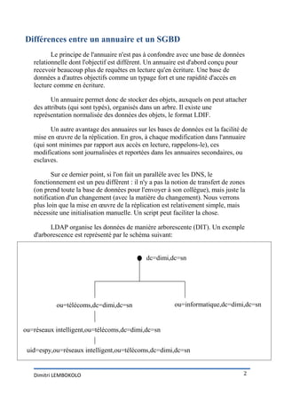 Différences entre un annuaire et un SGBD
          Le principe de l'annuaire n'est pas à confondre avec une base de données
   relationnelle dont l'objectif est différent. Un annuaire est d'abord conçu pour
   recevoir beaucoup plus de requêtes en lecture qu'en écriture. Une base de
   données a d'autres objectifs comme un typage fort et une rapidité d'accès en
   lecture comme en écriture.

          Un annuaire permet donc de stocker des objets, auxquels on peut attacher
   des attributs (qui sont typés), organisés dans un arbre. Il existe une
   représentation normalisée des données des objets, le format LDIF.

          Un autre avantage des annuaires sur les bases de données est la facilité de
   mise en œuvre de la réplication. En gros, à chaque modification dans l'annuaire
   (qui sont minimes par rapport aux accès en lecture, rappelons-le), ces
   modifications sont journalisées et reportées dans les annuaires secondaires, ou
   esclaves.

          Sur ce dernier point, si l'on fait un parallèle avec les DNS, le
   fonctionnement est un peu différent : il n'y a pas la notion de transfert de zones
   (on prend toute la base de données pour l'envoyer à son collègue), mais juste la
   notification d'un changement (avec la matière du changement). Nous verrons
   plus loin que la mise en œuvre de la réplication est relativement simple, mais
   nécessite une initialisation manuelle. Un script peut faciliter la chose.

         LDAP organise les données de manière arborescente (DIT). Un exemple
   d'arborescence est représenté par le schéma suivant:


                                              dc=dimi,dc=sn




           ou=télécoms,dc=dimi,dc=sn                     ou=informatique,dc=dimi,dc=sn


ou=réseaux intelligent,ou=télécoms,dc=dimi,dc=sn


 uid=espy,ou=réseaux intelligent,ou=télécoms,dc=dimi,dc=sn


   Dimitri LEMBOKOLO                                                                2
 