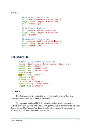 ou.ldif




utilisateurs.ldif




Schéma
      L'endroit où se définissent attributs et classes d'objets, qu'ils soient
standards ou de votre fait, s'appelle un schéma.

      Si vous avez un OpenLDAP à votre disposition, via les paquetages
standards de votre distribution Linux, vous pouvez y jeter un coup d'œil. Ils sont
dans /etc/openldap/schema/ ou dans /usr/share/openldap/schema/. Au pire,
un locate schema vous dira où ils se trouvent.



Dimitri LEMBOKOLO                                                                9
 