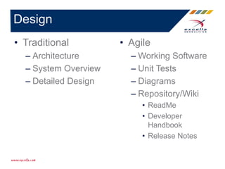 • Traditional
– Architecture
– System Overview
– Detailed Design
Design
• Agile
– Working Software
– Unit Tests
– Diagrams
– Repository/Wiki
• ReadMe
• Developer
Handbook
• Release Notes
 