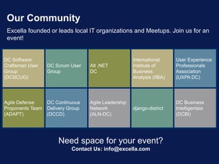 DC Software
Craftsman User
Group
(DCSCUG)
DC Scrum User
Group
Alt .NET
DC
International
Institute of
Business
Analysis (IIBA)
User Experience
Professionals
Association
(UXPA DC)
Agile Defense
Proponents Team
(ADAPT)
DC Continuous
Delivery Group
(DCCD)
Agile Leadership
Network
(ALN-DC)
django-district
DC Business
Intelligentsia
(DCBI)
Our Community
Excella founded or leads local IT organizations and Meetups. Join us for an
event!
Need space for your event?
Contact Us: info@excella.com
 