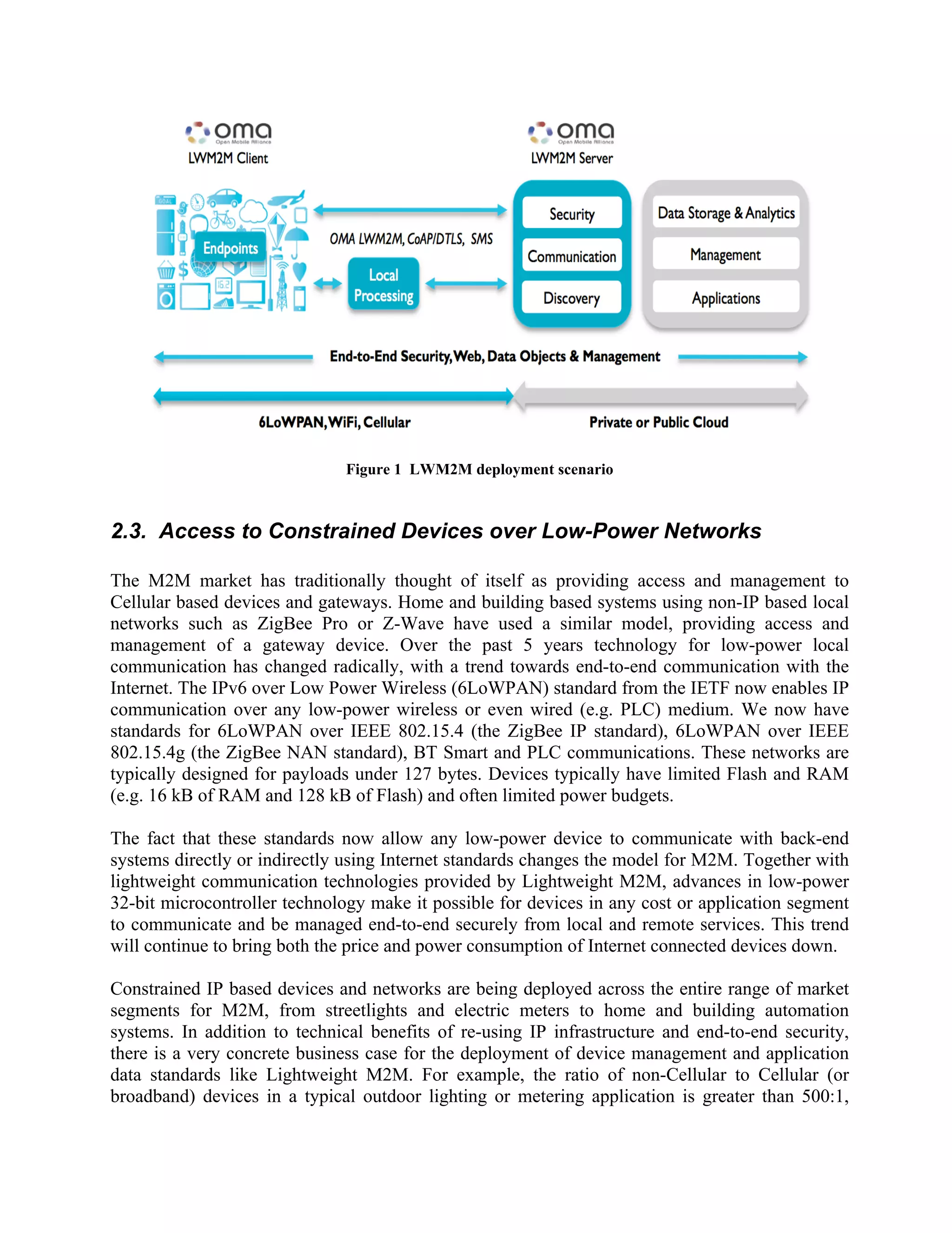 Figure 1 LWM2M deployment scenario

2.3. Access to Constrained Devices over Low-Power Networks
The M2M market has traditionally thought of itself as providing access and management to
Cellular based devices and gateways. Home and building based systems using non-IP based local
networks such as ZigBee Pro or Z-Wave have used a similar model, providing access and
management of a gateway device. Over the past 5 years technology for low-power local
communication has changed radically, with a trend towards end-to-end communication with the
Internet. The IPv6 over Low Power Wireless (6LoWPAN) standard from the IETF now enables IP
communication over any low-power wireless or even wired (e.g. PLC) medium. We now have
standards for 6LoWPAN over IEEE 802.15.4 (the ZigBee IP standard), 6LoWPAN over IEEE
802.15.4g (the ZigBee NAN standard), BT Smart and PLC communications. These networks are
typically designed for payloads under 127 bytes. Devices typically have limited Flash and RAM
(e.g. 16 kB of RAM and 128 kB of Flash) and often limited power budgets.
The fact that these standards now allow any low-power device to communicate with back-end
systems directly or indirectly using Internet standards changes the model for M2M. Together with
lightweight communication technologies provided by Lightweight M2M, advances in low-power
32-bit microcontroller technology make it possible for devices in any cost or application segment
to communicate and be managed end-to-end securely from local and remote services. This trend
will continue to bring both the price and power consumption of Internet connected devices down.
Constrained IP based devices and networks are being deployed across the entire range of market
segments for M2M, from streetlights and electric meters to home and building automation
systems. In addition to technical benefits of re-using IP infrastructure and end-to-end security,
there is a very concrete business case for the deployment of device management and application
data standards like Lightweight M2M. For example, the ratio of non-Cellular to Cellular (or
broadband) devices in a typical outdoor lighting or metering application is greater than 500:1,

 