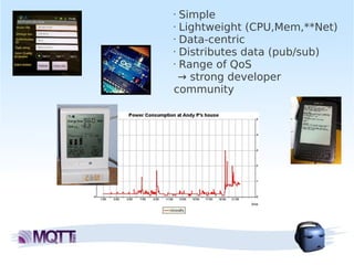 • Simple
• Lightweight (CPU,Mem,**Net)

• Data-centric

• Distributes data (pub/sub)

• Range of QoS


  → strong developer
community
 