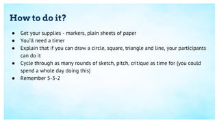 How to do it?
● Get your supplies - markers, plain sheets of paper
● You’ll need a timer
● Explain that if you can draw a circle, square, triangle and line, your participants
can do it
● Cycle through as many rounds of sketch, pitch, critique as time for (you could
spend a whole day doing this)
● Remember 5-3-2
 