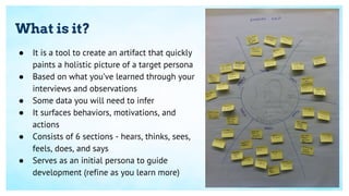 What is it?
● It is a tool to create an artifact that quickly
paints a holistic picture of a target persona
● Based on wha...