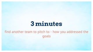 3 minutes
find another team to pitch to - how you addressed the
goals
 