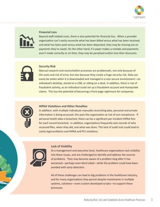 HIPAA Violations and Other Penalties
In addition, with multiple individuals manually reconciling data, personal and private
information is being accessed, this puts the organization at risk of non-compliance. If
personal health data is breached, there can be a significant per-incident HIPAA fine
for each record breached. In addition, organizations frequently lack records of who
accessed files, when they did, and what was done. This lack of audit trail could lead to
costly legal problems and HIPAA and PCI violations.
Lack of Visibility
At a management and executive level, healthcare organizations lack visibility
into these issues, and are challenged to identify and address the sources
of problems. They may become aware of a problem long after it has
worsened—perhaps even blind sided—while the problem could have been
avoided with early detection.
All of these challenges can lead to big problems in the healthcare industry,
and for many organizations they persist despite investments in multiple
systems, solutions—even custom developed scripts—to support these
processes.
Security Risk
Manual research and reconciliation processes are problematic, not only because of
the costs and risk of error, but also because they create a huge security risk. Data can
easily be stolen when it is downloaded and managed in a non-secure environment—an
individual’s desktop, stored on a USB, or sitting on a desk. In addition, there is risk of
fraudulent activity, as an individual could set up a fraudulent account and manipulate
claims. This has the potential of becoming a front-page nightmare for companies.
Financial Loss
Beyond staff-related costs, there is also potential for financial loss. When a provider
organization can’t easily reconcile what has been billed versus what has been received,
and what has been paid versus what has been deposited, they may be missing out on
payments they’re owed. On the other hand, if a payer makes a mistake and payments
aren’t made correctly or on time, they may be penalized and/or lose their discounts.
Reducing Risk, Cost and Complexity Across Healthcare Processes 3
 