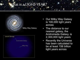 What is a LIGHT YEAR? 
• Our Milky Way Galaxy 
is 100,000 light years 
across 
• The distance to our 
nearest galaxy, the 
Andromeda Galaxy, is 
2,300,000 light years 
• Recently the Universe 
has been calculated to 
be at least 156 billion 
light years across 
Milky Way Galaxy 
 