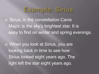    Sirius, in the constellation Canis
    Major, is the sky’s brightest star. It is
    easy to find on winter and spring evenings.

    When you look at Sirius, you are
    looking back in time to see how
    Sirius looked eight years ago. The
    light left the star eight years ago.
 