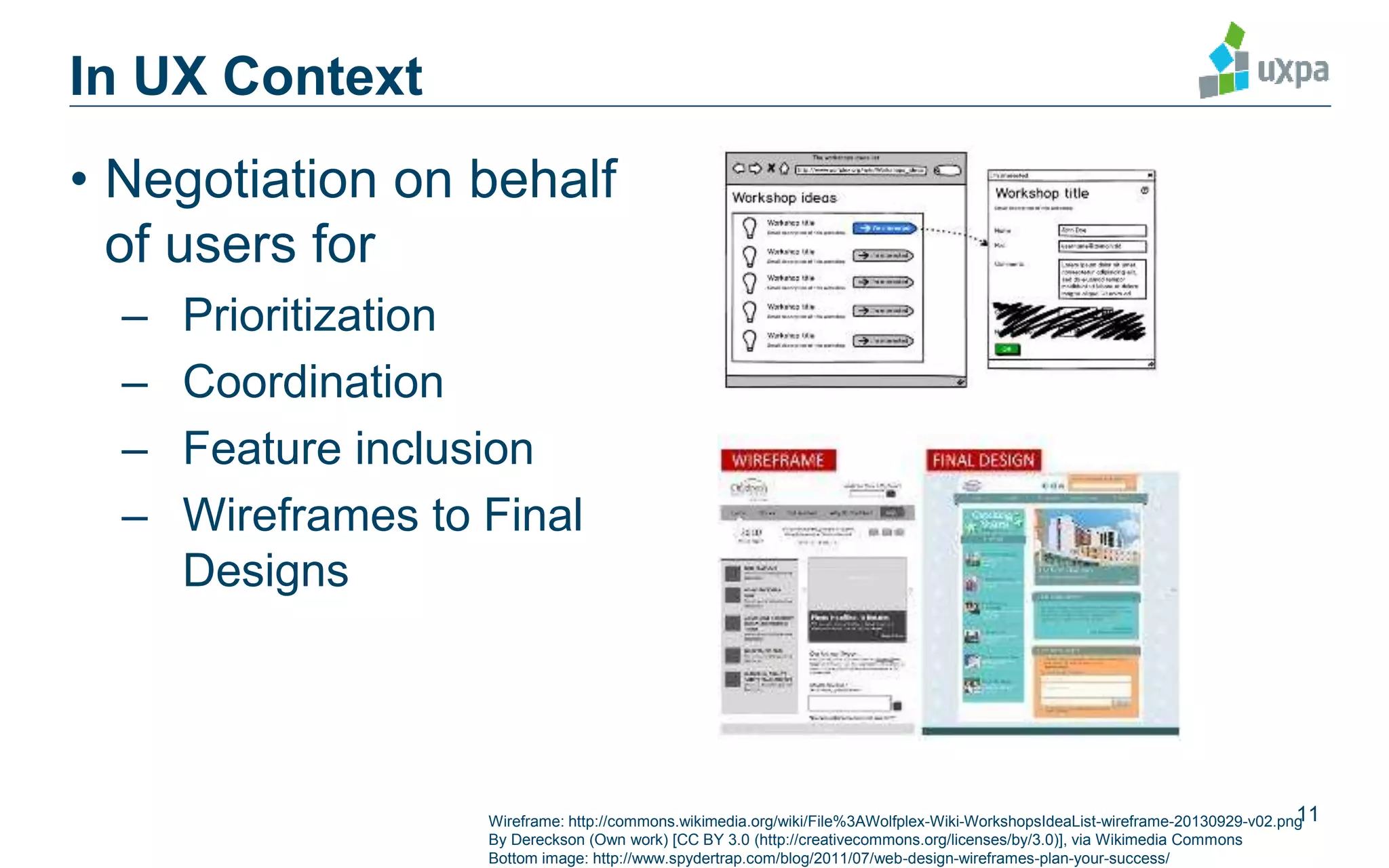 In UX Context
• Negotiation on behalf
of users for
– Prioritization
– Coordination
– Feature inclusion
– Wireframes to Final
Designs
11Wireframe: http://commons.wikimedia.org/wiki/File%3AWolfplex-Wiki-WorkshopsIdeaList-wireframe-20130929-v02.png
By Dereckson (Own work) [CC BY 3.0 (http://creativecommons.org/licenses/by/3.0)], via Wikimedia Commons
Bottom image: http://www.spydertrap.com/blog/2011/07/web-design-wireframes-plan-your-success/
 