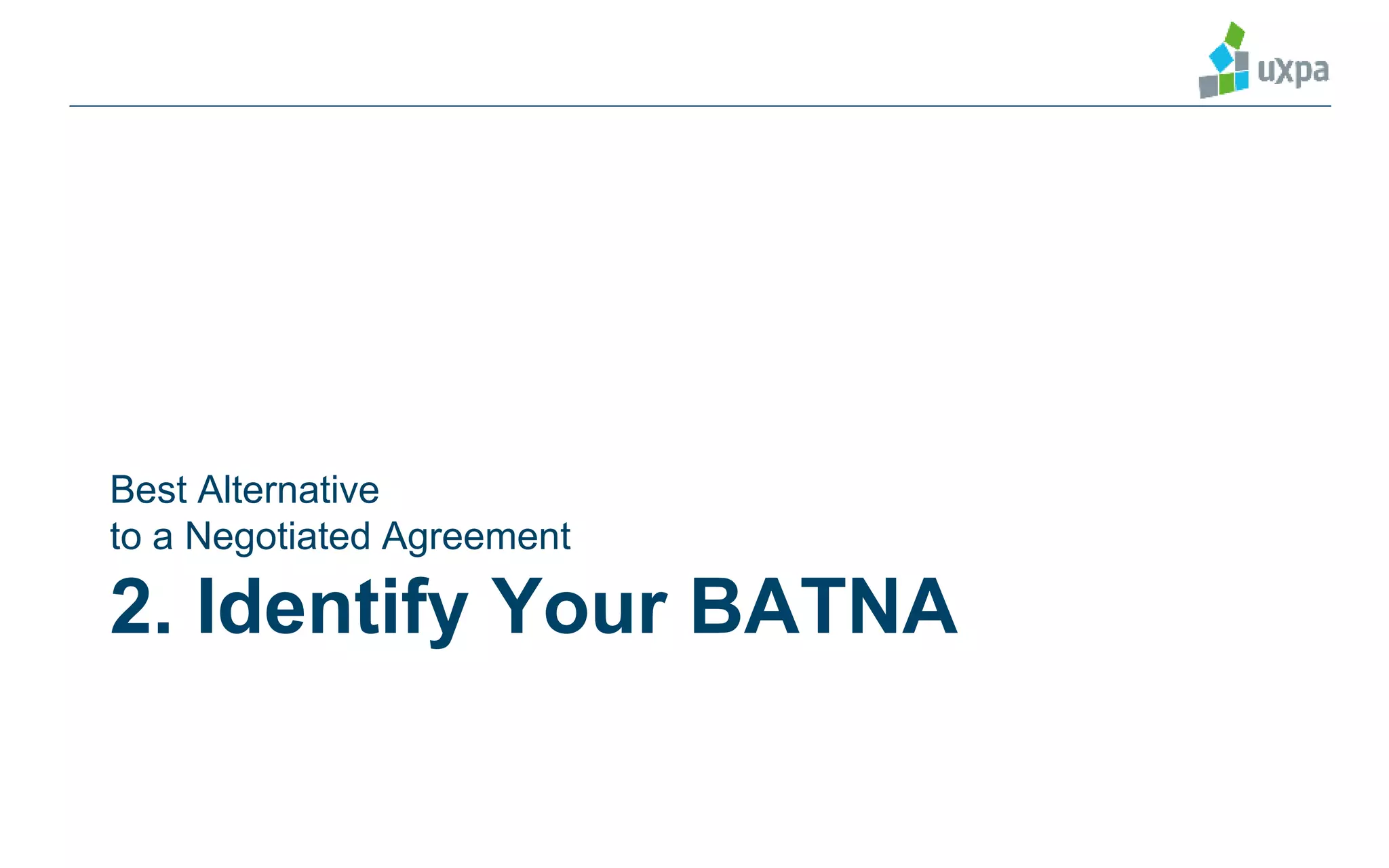 2. Identify Your BATNA
Best Alternative
to a Negotiated Agreement
 