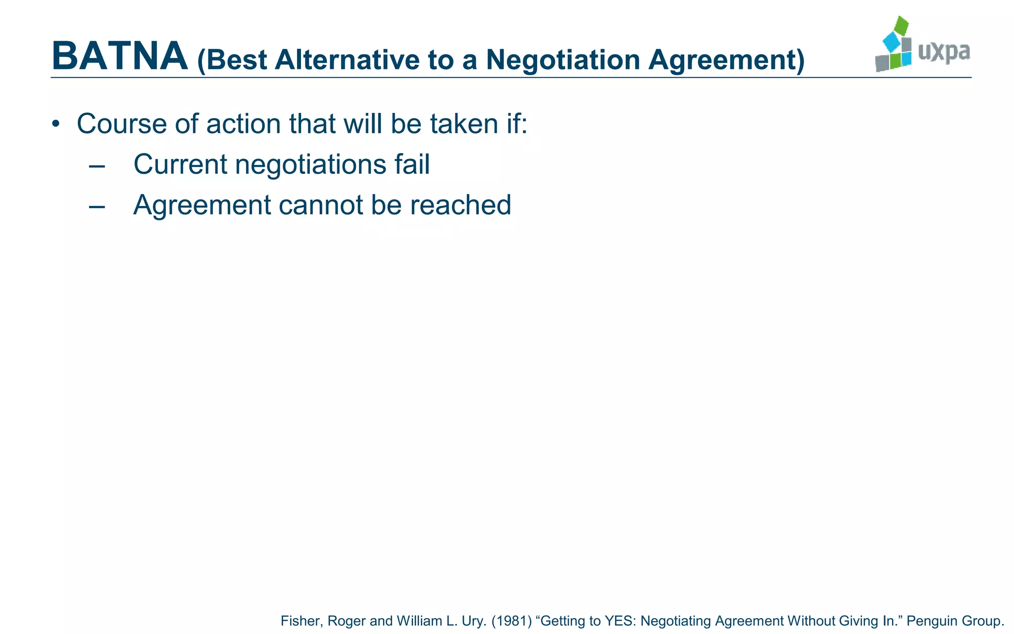 BATNA (Best Alternative to a Negotiation Agreement)
• Course of action that will be taken if:
– Current negotiations fail
– Agreement cannot be reached
Fisher, Roger and William L. Ury. (1981) “Getting to YES: Negotiating Agreement Without Giving In.” Penguin Group.
 