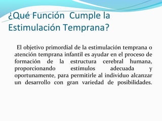 ¿Qué Función Cumple la
Estimulación Temprana?
  El objetivo primordial de la estimulación temprana o
 atención temprana infantil es ayudar en el proceso de
 formación de la estructura cerebral humana,
 proporcionando        estímulos       adecuada      y
 oportunamente, para permitirle al individuo alcanzar
 un desarrollo con gran variedad de posibilidades.
 