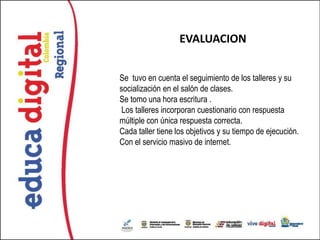 EVALUACION


Se tuvo en cuenta el seguimiento de los talleres y su
socialización en el salón de clases.
Se tomo una hora escritura .
 Los talleres incorporan cuestionario con respuesta
múltiple con única respuesta correcta.
Cada taller tiene los objetivos y su tiempo de ejecución.
Con el servicio masivo de internet.
 