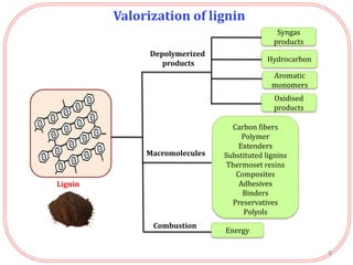 Valorization of lignin
Lignin
Carbon fibers
Polymer
Extenders
Substituted lignins
Thermoset resins
Composites
Adhesives
Binders
Preservatives
Polyols
Macromolecules
Combustion
Energy
Aromatic
monomers
Oxidised
products
Hydrocarbon
Syngas
products
Depolymerized
products
6
 
