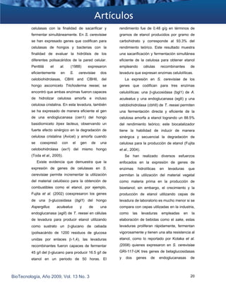 celulasas con la finalidad de sacarificar y
fermentar simultáneamente. En S. cerevisiae
se han expresado genes que codifican para
celulasas de hongos y bacterias con la
finalidad de evaluar la hidrólisis de los
diferentes polisacáridos de la pared celular.
Penttilä et al. (1988) expresaron
eficientemente en S. cerevisiae dos
celobiohidrolasas, CBHI and CBHII, del
hongo ascomiceto Trichoderma reesei, se
encontró que ambas enzimas fueron capaces
de hidrolizar celulosa amorfa e incluso
celulosa cristalina. En esta levadura, también
se ha expresado de manera eficiente el gen
de una endoglucanasa (cen1) del hongo
basidiomiceto Irpex lacteus, observando un
fuerte efecto sinérgico en la degradación de
celulosa cristalina (Avicel) y amorfa cuando
se coexpresó con el gen de una
celobiohidrolasa (ex1) del mismo hongo
(Toda et al., 2005).
Existe evidencia que demuestra que la
expresión de genes de celulasas en S.
cerevisiae permite incrementar la utilización
del material celulósico para la obtención de
combustibles como el etanol, por ejemplo,
Fujita et al. (2002) coexpresaron los genes
de una β-glucosidasa (bgl1) del hongo
Aspergillus aculeatus y de una
endoglucanasa (egII) de T. reesei en células
de levadura para producir etanol utilizando
como sustrato un β-glucano de cebada
(polisacárido de 1200 residuos de glucosa
unidas por enlaces β-1,4), las levaduras
recombinantes fueron capaces de fermentar
45 g/l del β-glucano para producir 16.5 g/l de
etanol en un periodo de 50 horas. El
rendimiento fue de 0.48 g/g en términos de
gramos de etanol producidos por gramo de
carbohidrato y corresponde al 93.3% del
rendimiento teórico. Este resultado muestra
una sacarificación y fermentación simultánea
eficiente de la celulosa para obtener etanol
empleando células recombinantes de
levadura que expresan enzimas celulolíticas.
La expresión en S. cerevisiae de los
genes que codifican para tres enzimas
celulolíticas: una β-glucosidasa (bgl1) de A.
aculeatus y una endoglucanasa (egII) y una
celobiohidrolasa (cbhII) de T. reesei permiten
una fermentación directa y eficiente de la
celulosa amorfa a etanol logrando un 88.5%
del rendimiento teórico; este biocatalizador
tiene la habilidad de inducir de manera
sinérgica y secuencial la degradación de
celulosa para la producción de etanol (Fujita
et al., 2004).
Se han realizado diversos esfuerzos
enfocados en la expresión de genes de
enzimas hidrolíticas en levaduras que
permitan la utilización del material vegetal
como materia prima en la producción de
bioetanol; sin embargo, el crecimiento y la
producción de etanol utilizando cepas de
levadura de laboratorio es mucho menor si se
compara con cepas utilizadas en la industria,
como las levaduras empleadas en la
elaboración de bebidas como el sake, estas
levaduras proliferan rápidamente, fermentan
vigorosamente y tienen una alta resistencia al
etanol, como lo reportado por Kotaka et al.
(2008) quienes expresaron en S. cerevisiae
GRI-117-UK tres genes de betaglucosidasas
y dos genes de endoglucanasas de
BioTecnología, Año 2009, Vol. 13 No. 3 20
 