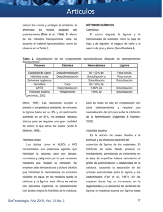 reducir los costos y proteger el ambiente, el
amoníaco se recicla después del
pretratamiento (Dale et al., 1984). El efecto
de los métodos físicoquímicos varía de
acuerdo al material lignocelulósico, como se
observa en la Tabla 2.
MÉTODOS QUÍMICOS
Ozonólisis
El ozono degrada la lignina y la
hemicelulosa de sustratos como la paja de
trigo y de algodón, el bagazo de caña y el
aserrín de pino y álamo (Ben-Ghedalia &
Tabla 2. Solubilización de los componentes lignocelulósicos después de pretratamientos
fisicoquímicosa
Proceso Celulosa Hemicelulosa Lignina
Explosión de vapor Despolimerización 80-100% de Poca o nula
Hidrólisis ácida Despolimerización Solubilización a Poca o nula
Solventes orgánicos Solubilización Solubilización
Termólisis Poca 80-100% de
AFEX Descristalización 0-60% de Solubilización
Hidrólisis alcalina Relajamiento >50% de Solubilización
a
Lynd et al., 2002
Miron, 1981). Las reacciones ocurren a
presión y temperatura ambiente, se remueve
la lignina hasta en un 8% y el rendimiento
aumenta en un 57%, no produce residuos
tóxicos pero se requiere una gran cantidad
de ozono lo que eleva los costos (Vidal &
Molinier, 1988).
BioTecnología, Año 2009, Vol. 13 No. 3 17
Hidrólisis ácida
Los ácidos como el H2SO4 y HCl
concentrados son poderosos agentes que
hidrolizan la celulosa, pero son tóxicos,
corrosivos y peligrosos por lo que requieren
reactores que resistan su corrosión. Se
emplean altas temperaturas y ácidos diluidos
que hidrolizan la hemicelulosa en azúcares
solubles en agua, en los residuos queda la
celulosa y la lignina, esta última se extrae
con solventes orgánicos. El pretratamiento
con ácidos mejora la hidrólisis de la celulosa,
pero su costo es alto en comparación con
otros pretratamientos y requiere una
neutralización del pH para evitar la inhibición
de la fermentación (Eggeman & Elander,
2005).
Hidrólisis alcalina
Es la adición de bases diluidas a la
biomasa y su eficiencia depende del
contenido de lignina de los materiales. El
hidróxido de sodio diluido produce un
hinchamiento, permitiendo un incremento en
el área de superficie interna reduciendo el
grado de polimerización y cristalinidad de la
celulosa, causando la separación de las
uniones estructurales entre la lignina y los
carbohidratos (Fan et al., 1987). En las
maderas duras hay un incremento en la
digestibilidad y un descenso del contenido de
lignina, en maderas suaves con lignina hasta
 