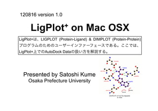 120816 version 1.0

     LigPlot +            on Mac OSX
LigPlot+は、LIGPLOT (Protein-Ligand) & DIMPLOT (Protein-Protein)
プログラムのためのユーザーインファーフェースである。ここでは、
LigPlot+上でのAutoDock Dataの扱い方を解説する。




  Presented by Satoshi Kume
    Osaka Prefecture University
 