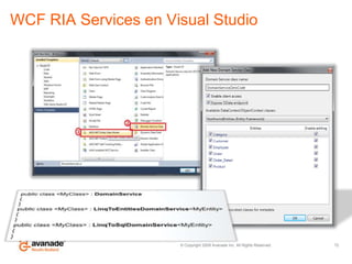 WCF RIA Services en Visual Studio72public class <MyClass> : DomainService{}public class <MyClass> : LinqToEntitiesDomainService<MyEntity>{}public class <MyClass> : LinqToSqlDomainService<MyEntity>{}
