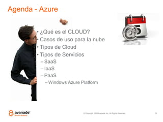 Agenda - Azure¿Qué es el CLOUD?Casos de uso para la nubeTipos de CloudTipos de ServiciosSaaSIaaSPaaSWindows Azure Platform76