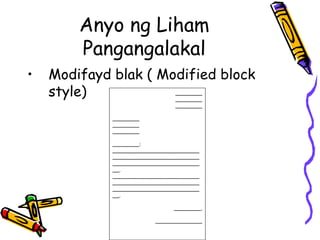 Anyo ng Liham Pangangalakal 
•Modifayd blak ( Modified block style) ________ ________ ________ ________ ________ ________ ________: __________________________ __________________________ __________________________ __. __________________________ __________________________ __________________________ __. ________, ______________  