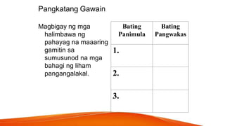 Pangkatang Gawain
Magbigay ng mga
halimbawa ng
pahayag na maaaring
gamitin sa
sumusunod na mga
bahagi ng liham
pangangalakal.
Bating
Panimula
Bating
Pangwakas
1.
2.
3.
 