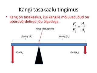Kangi tasakaalu tingimus Kang on tasakaalus, kui kangile mõjuvad jõud on pöördvõrdelised jõu õlgadega. jõu õlg (d 1 ) jõu õlg (d 2 ) Jõud F 1 Jõud (F 2 ) Kangi toetuspunkt 