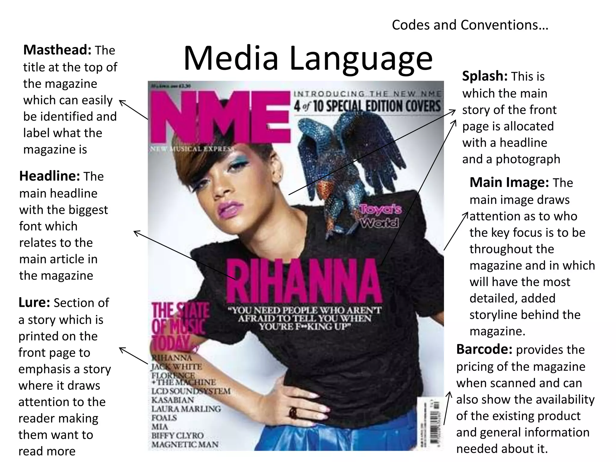 Codes and Conventions…
Masthead: The
title at the top of
the magazine
which can easily
be identified and
label what the
magazine is

Headline: The
main headline
with the biggest
font which
relates to the
main article in
the magazine

Lure: Section of
a story which is
printed on the
front page to
emphasis a story
where it draws
attention to the
reader making
them want to
read more

Media Language

Splash: This is
which the main
story of the front
page is allocated
with a headline
and a photograph

Main Image: The
main image draws
attention as to who
the key focus is to be
throughout the
magazine and in which
will have the most
detailed, added
storyline behind the
magazine.
Barcode: provides the
pricing of the magazine
when scanned and can
also show the availability
of the existing product
and general information
needed about it.

 