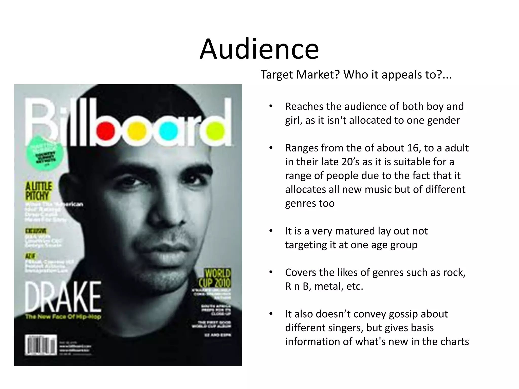 Audience
Target Market? Who it appeals to?...
•

Reaches the audience of both boy and
girl, as it isn't allocated to one gender

•

Ranges from the of about 16, to a adult
in their late 20’s as it is suitable for a
range of people due to the fact that it
allocates all new music but of different
genres too

•

It is a very matured lay out not
targeting it at one age group

•

Covers the likes of genres such as rock,
R n B, metal, etc.

•

It also doesn’t convey gossip about
different singers, but gives basis
information of what's new in the charts

 