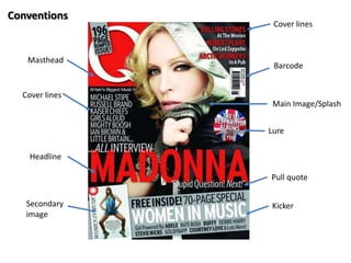 Conventions

Masthead

Cover lines

Barcode

Cover lines
Main Image/Splash
Lure
Headline
Pull quote
Secondary
image

Kicker

 
