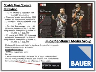 Double Page Spread-
Institution
-> Q has a history of association with
charitable organisations
-> Q launched a radio station in June 2008,
however it is only available on digital TV
-> Q also has it's own music channel called
Q TV
-> They hold Q awards every year. - >It's
circulation figures are 103,017. (81,240
being in the UK and republic of Ireland) 01-
Jul-2008 to 31-Dec-2008
-> It's cover price is £3.90. - It's single copy
subscription figures are 22,798. (19,097
being in the UK and republic of Ireland) 01-
Jul-2008 to 31-Dec-2008
The Bauer Media group is based in Hamburg, Germany but operates in
fifteen different countries worldwide.
Worldwide Circulation:
•38 Million magazines a week
Synergy
Q website advertises aloud.com with a link to buy tickets from aloud
which is also a part of Bauer Media. Also, on aloud.com, there are links
to recommended sites” which are all owned by Bauer Media.
Publisher-Bauer Media Group
 