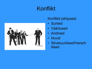 Konflikt Konflikti põhjused: Suhted Väärtused Andmed Huvid Struktuurilised/hierarhilised 