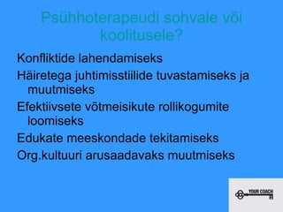 Psühhoterapeudi sohvale või koolitusele? Konfliktide lahendamiseks Häiretega juhtimisstiilide tuvastamiseks ja muutmiseks Efektiivsete võtmeisikute rollikogumite loomiseks Edukate meeskondade tekitamiseks Org.kultuuri arusaadavaks muutmiseks 