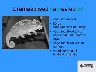 Dramaatilised  k a m ee l eo nid emotsionaalsed;  kõrge tähelepanuvajadusega; väga teadlikud teiste soovidest, kuid vajavad tuge;  väga tundlikud kriitika suhtes;  valmistuvad alati  läbikukkumisteks 