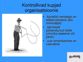 Kontrollivad kupjad organisatsioonis Paindumatud; etteaimatava käitumisega; ülikriitilised; masendunud; enda suhtes karistavad; kardavad vigu ning seetõttu takerduvad detailidesse koostöö nendega on ettearvamatus (elu miiniväljal); äärmiselt pühendunud tööle (ohvriks iseeend või pere); uue omandamine on vaevaline 