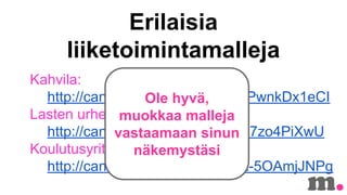 Erilaisia
liiketoimintamalleja
Kahvila:
http://canvanizer.com/canvas/0PwnkDx1eCI
Ole hyv?,
Lasten urheiluseura:
muokkaa malleja
http://canvanizer.com/canvas/ct7zo4PiXwU
vastaamaan sinun
Koulutusyritys: n?kemyst?si
http://canvanizer.com/canvas/R-5OAmjJNPg

 
