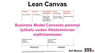 Lean Canvas

Business Model Canvasta parempi
ty?kalu uuden liiketoiminnan
mallintamiseen

Ash Maurya

 