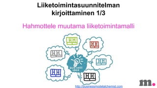 Liiketoimintasuunnitelman
kirjoittaminen 1/3
Hahmottele muutama liiketoimintamalli

http://businessmodelalchemist.com

 