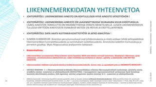 LIIKENNEMERKKIDATAN YHTEENVETOA
▪ JOHTOPÄÄTÖS1: LIIKENNEMERKKI-AINESTO ON KOHTUULLISEN HYVÄ AINEISTO JATKOTYÖHÖN !
▪ JOHTOPÄÄTÖS2: LIIKENNEMERKKI-AINEISTO ON LAAJENNETTAVISSA SEURAAVAN SIVUN EHDOTUKSILLA.
LISÄKSI AINEISTON TARKKUUTTA ON PARANNETTAVISSA OTANTA-MENETELMILLÄ. UUSIEN LIIKENNEMERKKIEN
TULLESSA KÄYTTÖÖN AINEISTOSTA ESIINKÄYVÄ METODI ON PÄTEVÄ JA EROTTELUKYKYINEN.
▪ JOHTOPÄÄTÖS3: DATA VAATII KUITENKIN KEHITYSTYÖTÄ JA JATKO-ANALYYSIA !
▪ SUMMA SUMMARUM: Aineiston perustunnusluvut ovat johdonmukaisia ja niistä voidaan tehdä johtopäätöksiä
liikennemerkkien tunnistettavuudesta ja tunnistuksen luotettavuudesta. Aineistosta laskettiin tunnuslukuja ja
piirrettiin graafeja. Myös Riippuvuuksia analysointiin kattavasti.
▪ Riskienhallinta:
▪ Liikennemerkkien tunnistamiseen liittyy kuitenkin monia haasteita. Näitä ovat tekstien normaali kuluminen, ilkivaltainen rikkominen, spray-
sotkeminen, onnettomuuksissa vääntyminen jne. Lisäksi merkittävä osa merkeistä on yksityis-, pyöräily- ja kävelyteillä, mikä ASETTAA
HAASTEITA.
▪ Liikennemerkkien lisäkilvet ovat pientä tekstiä ja herkkiä kulumiselle/sotkuille. Samoin ohje- ja opastekyltit joita on ENEMMISTÖ MERKEISTÄ !
▪ VASTAUS RISKEIHIN: 1:-> Otantamenetelmät keräämään liikennemerkkidataa erilaisista liikenneympäristöistä (ryväsotanta, ryhmitelty otanta,
stratifioitu otanta) –osaaminen on allekirjoittaneella VAHVUUTENI2:-> koneoppimisen regressiomenetelmät sorttaamaan hyviä havaintoja
huonoista (discriminatory analysis, SUR-regression, selective wregression machine learning! AI !) – osaaminen on allekirjoittaneella.
▪ (((Muita huomioita: Aineistossa havaittiin lukuisia puutteita, jotka on kuvattu tarkasti erillisessä Aineistokuvauksessa. Näitä puutteita olivat mm. puuttuvat
havainnot, selkeästi virhetietoiset havainnot (esim. 2,1,2017 -> accuracy muuttujassa) koodi-muuttujan numero-teksti ”sekamelska” (-> RUS, add, W 0, W 1, dow,
ent, on-). Jouduttiin luomaan uusia numeerisia muuttujia kuten category_numbers, koska category-muuttuja oli tekstimuuttuja -> kuvioita ja keskiarvoja varten.
Samoin tekstimuuttuja side koodattiin 0/1-muuttujaksi (left/right). Aineistokuvaus kertoo tarkemmin.)))
13.12.2018RAMBOLL-Työhaastattelu-EeroSiljander
19
 