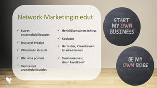 Network Marketingin edut
 Suuret
ansiomahdollisuudet
 Joustavat työajat
 Vähemmän stressiä
 Olet oma pomosi
 Rajattomat
uramahdollisuudet
 Henkilökohtainen kehitys
 Koulutus
 Harrastus, kokoaikainen
tai osa-aikainen
 Sinun unelmasi,
sinun tavoitteesi!
 